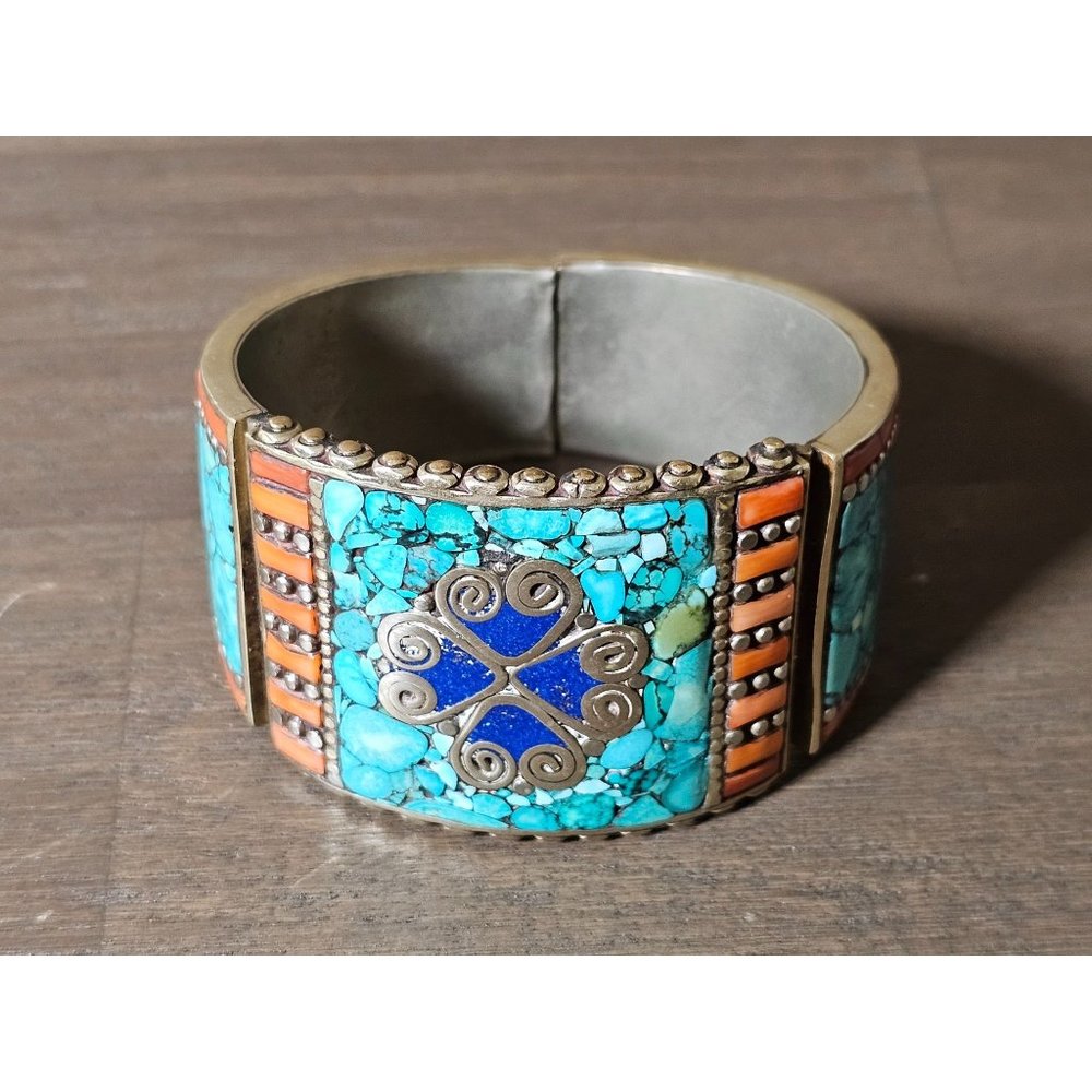 Silver Bracelet Turquoise lapas Coral HUGE Hinged Cuff Heavy
